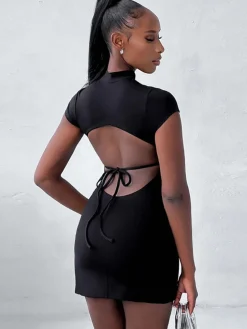 Short Sleeve Mock Neck Backless Mini Dress
