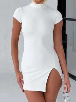 Short Sleeve Mock Neck Backless Mini Dress