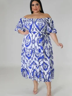 Short Sleeve Off Shoulder Floral Midi Dress