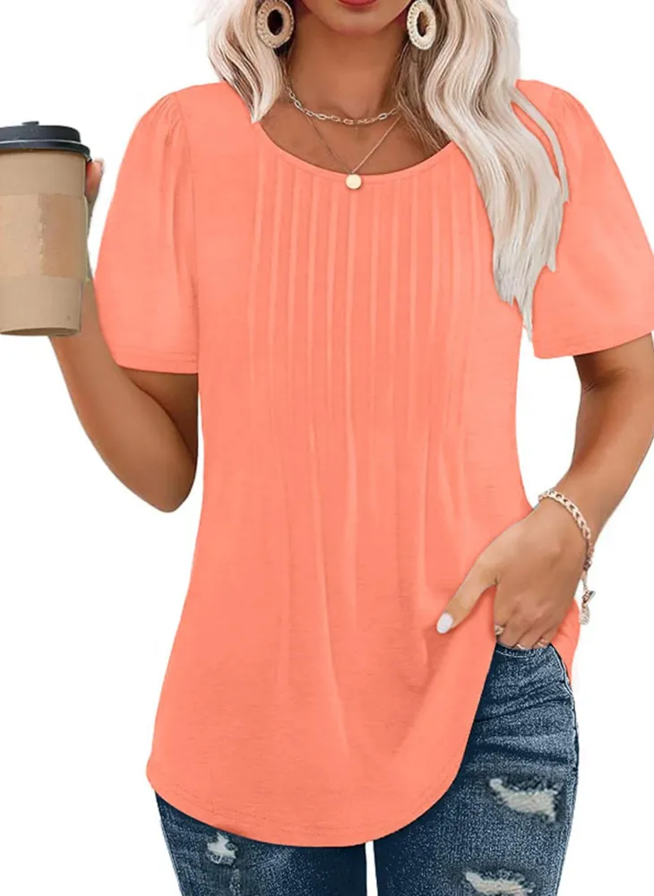Short Sleeve Pleated Crew Neck Top