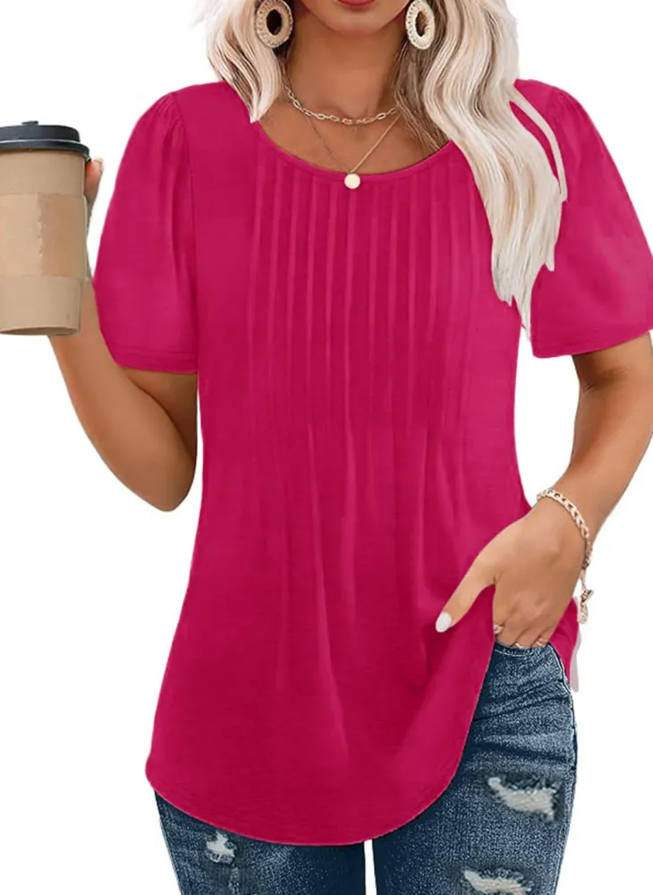 Short Sleeve Pleated Crew Neck Top