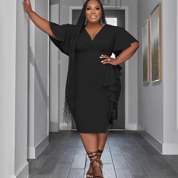 Short Sleeve V Neck Ruffle Midi Dress