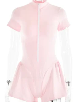 Short Sleeve Zip Front Rompers