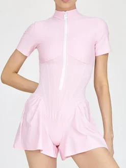 Short Sleeve Zip Front Rompers