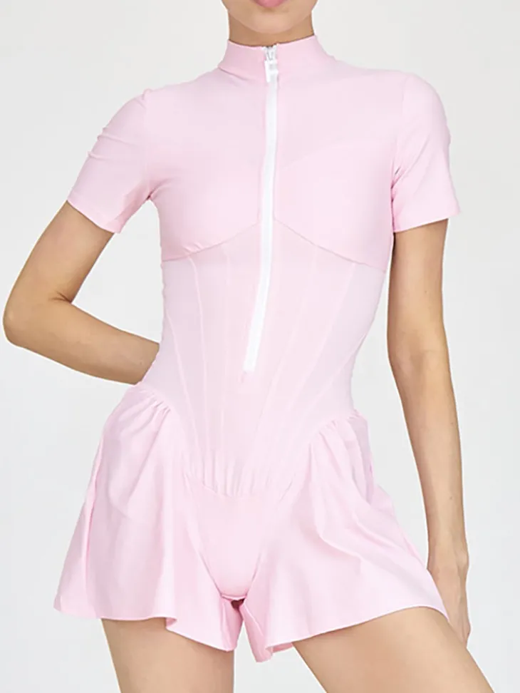 Short Sleeve Zip Front Rompers