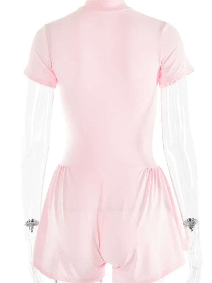 Short Sleeve Zip Front Rompers