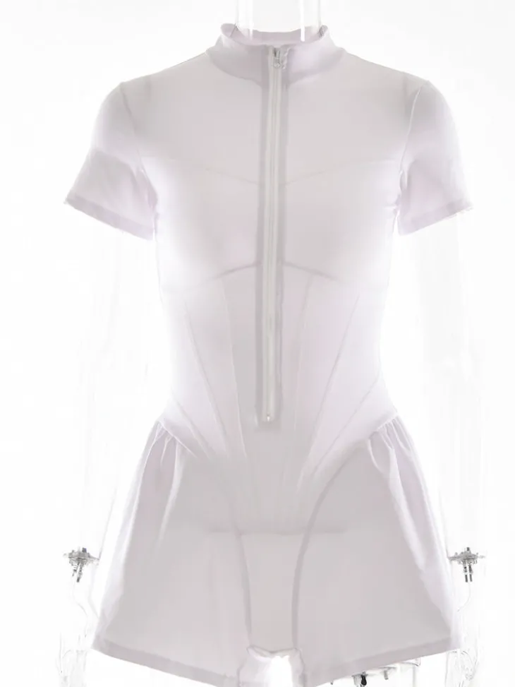 Short Sleeve Zip Front Rompers