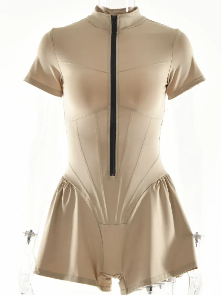 Short Sleeve Zip Front Rompers