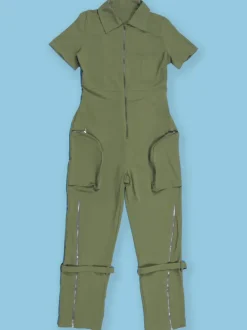 Short Sleeve Zipper Pocket Wide Leg Jumpsuit