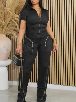 Short Sleeve Zipper Pocket Wide Leg Jumpsuit