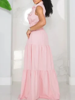 Sleeveless Collared Button Front Flowy Dress