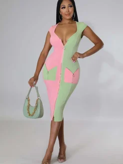 Sleeveless Color Block Bodycon Midi Dress
