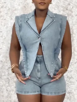 Sleeveless Elastic Waist Denim Romper