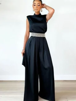 Sleeveless Mock Neck Wide-Leg Jumpsuit
