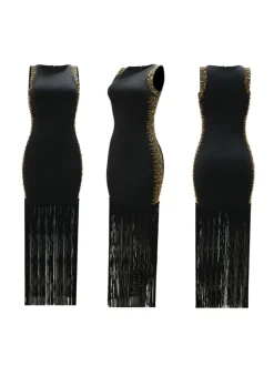 Sleeveless Rhinestone Fringe Hem Maxi Dress
