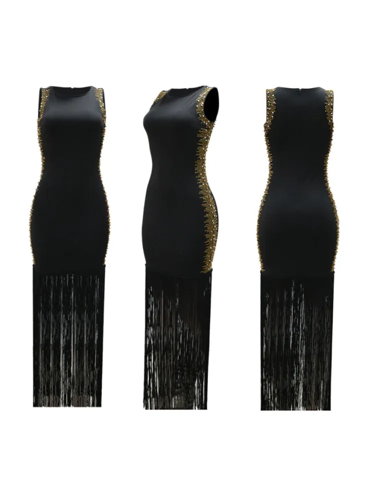 Sleeveless Rhinestone Fringe Hem Maxi Dress