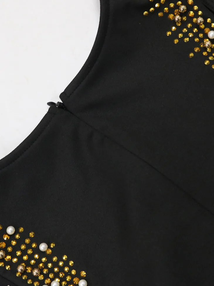 Sleeveless Rhinestone Fringe Hem Maxi Dress