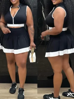 Sleeveless Zip-Up Crop Top Pleated Skirt Set
