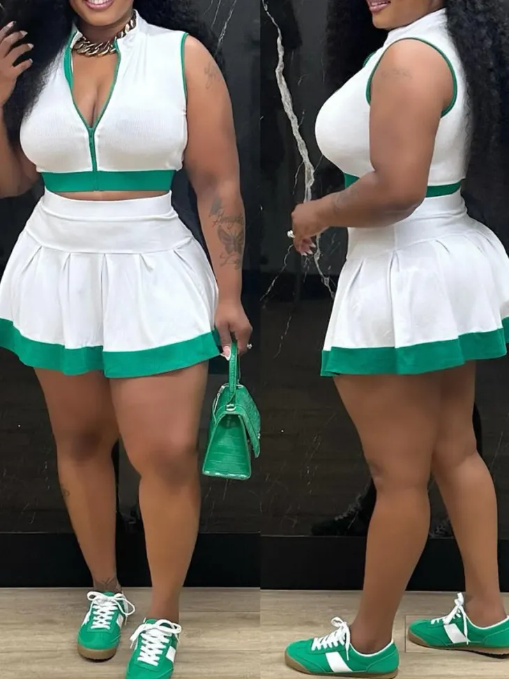 Sleeveless Zip-Up Crop Top Pleated Skirt Set