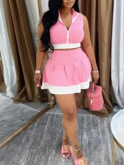 Sleeveless Zip-Up Crop Top Pleated Skirt Set