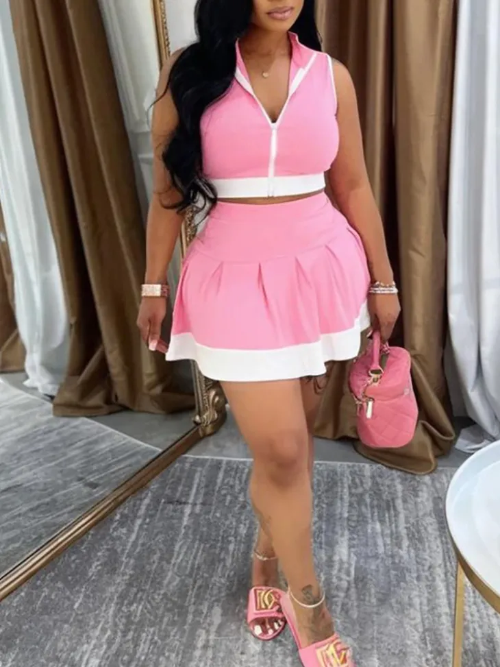 Sleeveless Zip-Up Crop Top Pleated Skirt Set