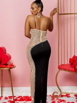 Sleevelesss Rhinestone Mesh Patchwork Maxi Dress