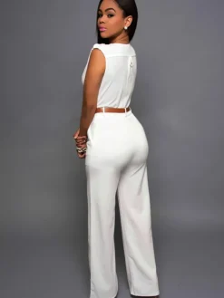 Sleevelesss V Neck Solid Wide Leg Jumpsuit