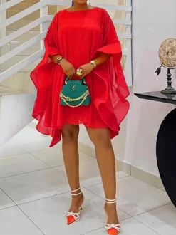 Solid Chiffon Cape Overlay Dress