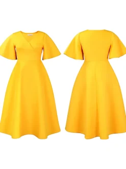 Solid Color Bell Sleeve V-Neck Flared Dress