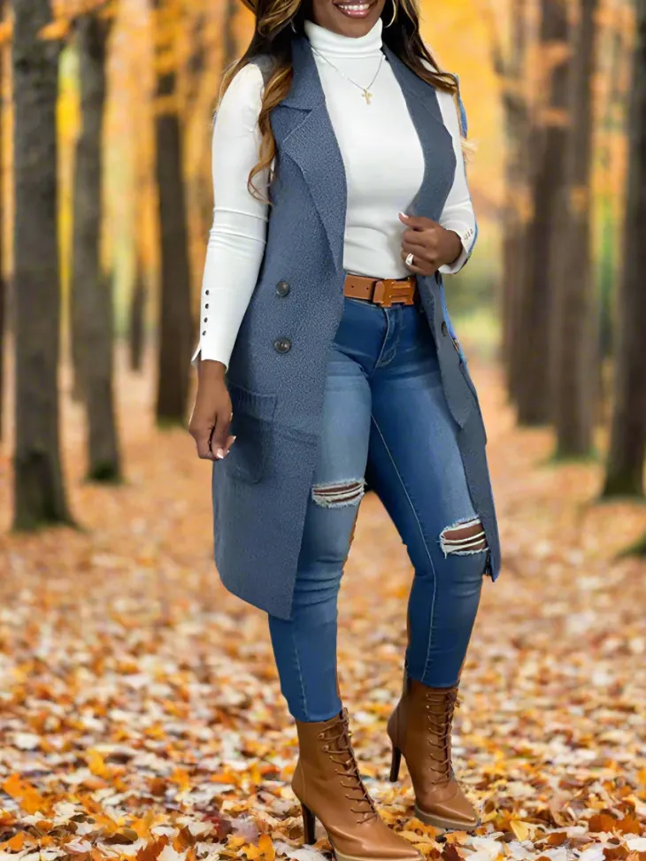 Solid Color Lapel Sleeveless Button Down Vest Jacket