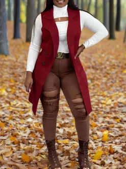Solid Color Lapel Sleeveless Button Down Vest Jacket