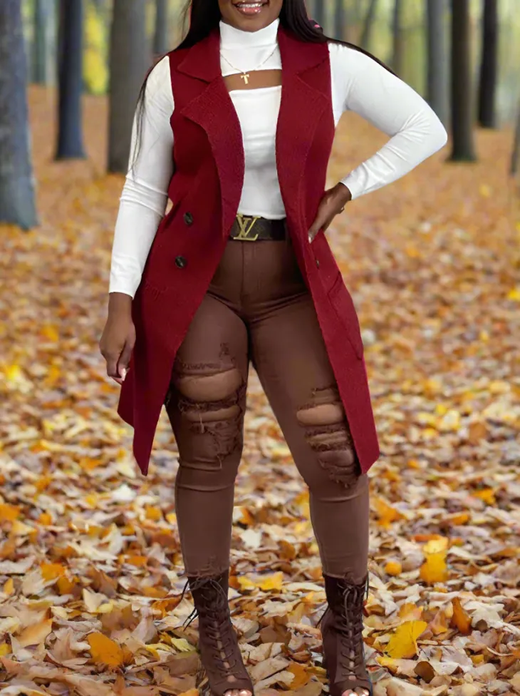 Solid Color Lapel Sleeveless Button Down Vest Jacket