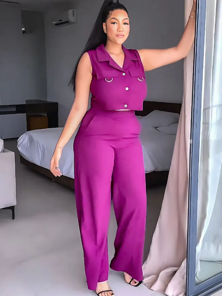 Solid Color Polo Neck Vest Long Pants Set