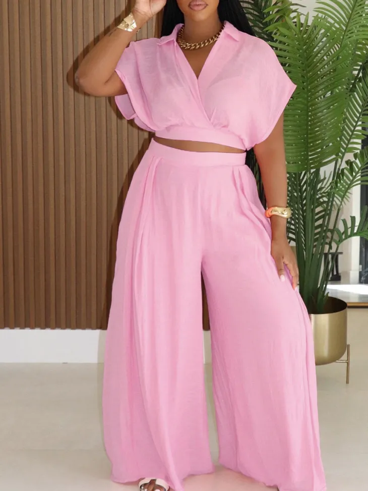 Solid Color Top Wide-Leg Pants Set