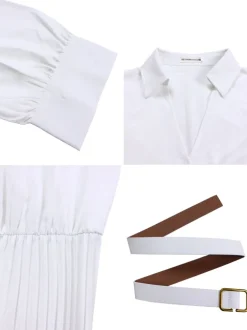 Solid Color V-Neck Pleated Dress with Belt