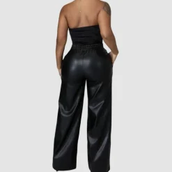 Solid Color Wide Leg PU Leather Pants