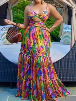 Spaghetti Strap Printed Tie-Dye Maxi Dress
