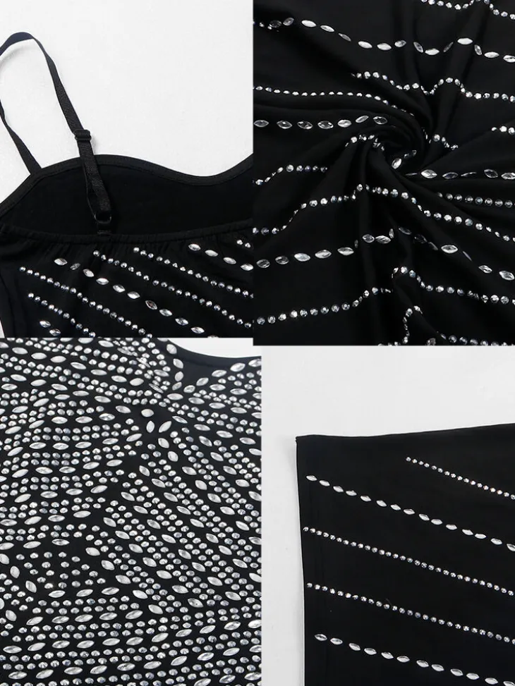 Spaghetti Strap Rhinestone Bodycon Midi Dress