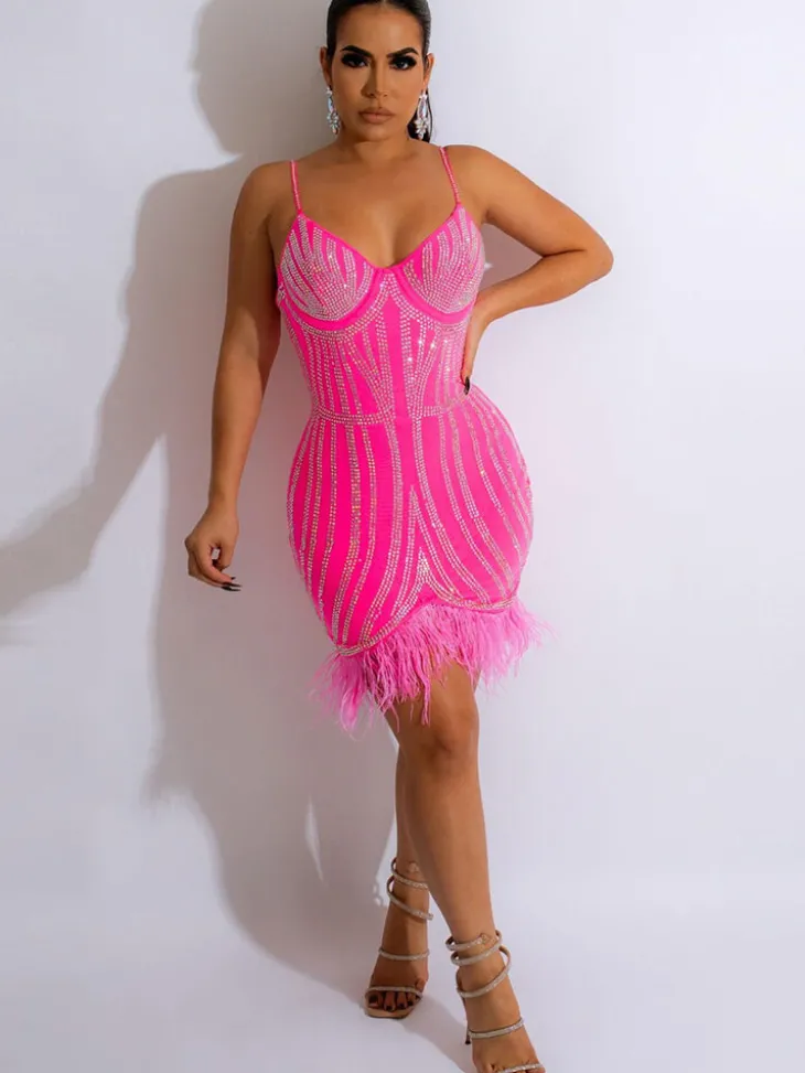 Spaghetti Strap Rhinestone Feather Mini Dress