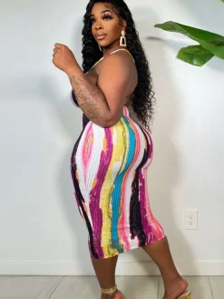 Spaghetti Strap Tie Dye Backless Midi Dress