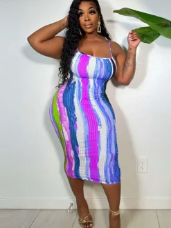 Spaghetti Strap Tie Dye Backless Midi Dress