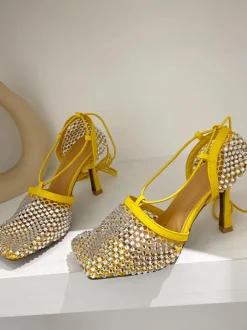 Sparkling Rhinestone Crossed Straps Hollow Out Heeled Sandal