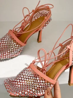 Sparkling Rhinestone Crossed Straps Hollow Out Heeled Sandal