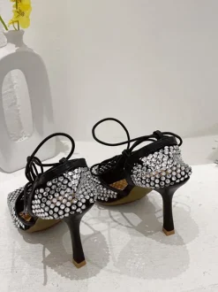 Sparkling Rhinestone Crossed Straps Hollow Out Heeled Sandal