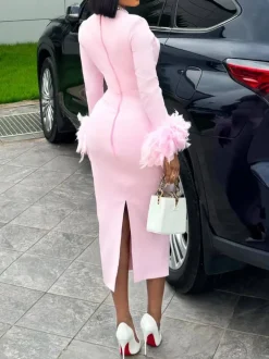 Square Neck Feather Midi Dress