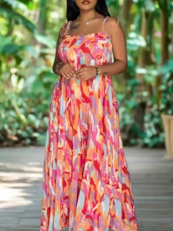 Strap Pleated Wide Leg Printed Jumpsuit