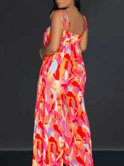 Strap Pleated Wide Leg Printed Jumpsuit