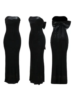 Strapless Bow Tie Back Sequin Maxi Dress