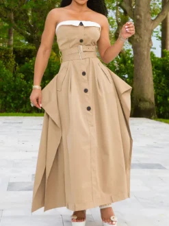 Strapless Button Front Belted A-Line Maxi Dress
