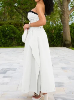 Strapless Button Front Belted A-Line Maxi Dress